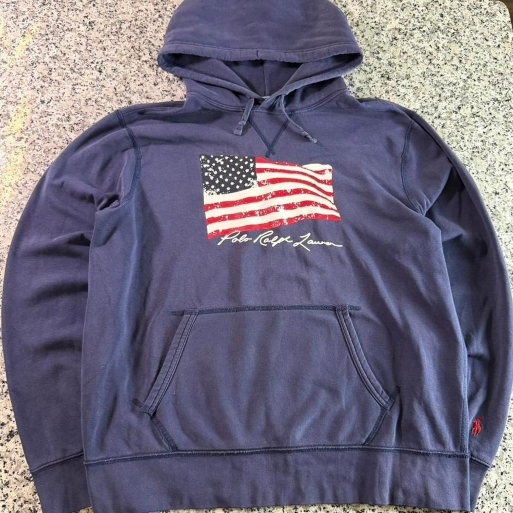 Polo Ralph Lauren Vtg 90's USA American Flag Newport Fleece Hoodie Large
